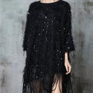 Black Fringe Sequin Dress - Loose Fit with Round Neck & Long Sleeves